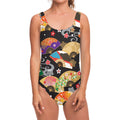 Japanese Hand Fan Pattern Print One Piece Swimsuit
