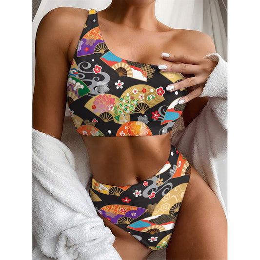 Japanese Hand Fan Pattern Print One Shoulder Bikini Top