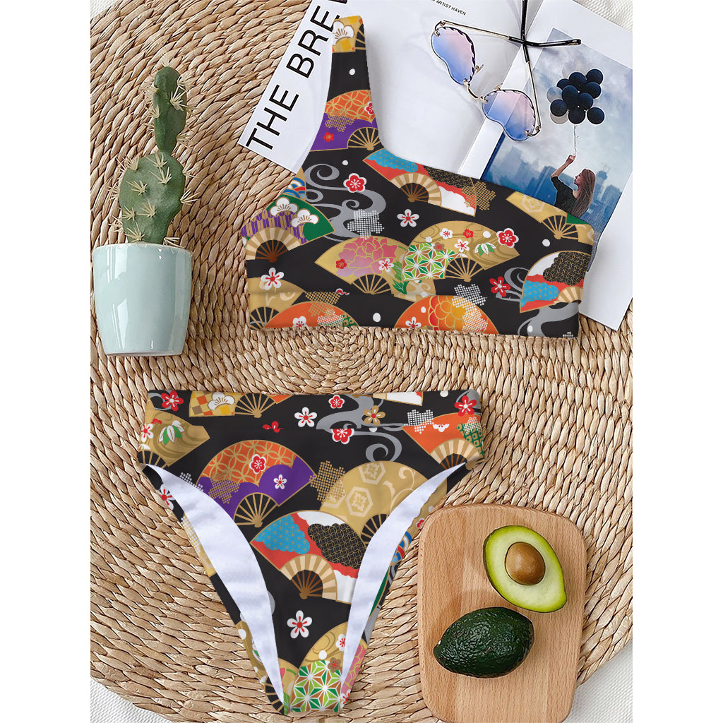 Japanese Hand Fan Pattern Print One Shoulder Bikini Top