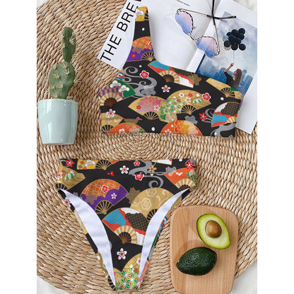 Japanese Hand Fan Pattern Print One Shoulder Bikini Top