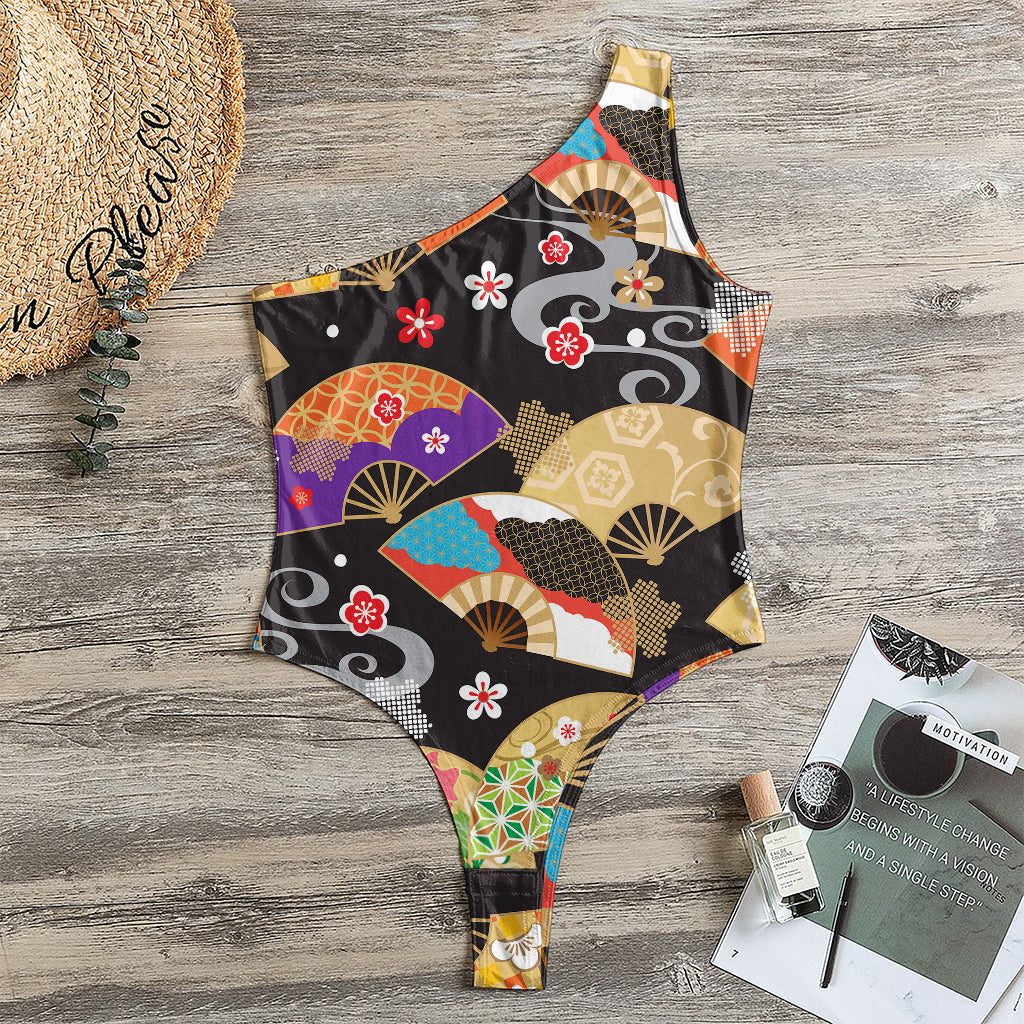 Japanese Hand Fan Pattern Print One Shoulder Bodysuit