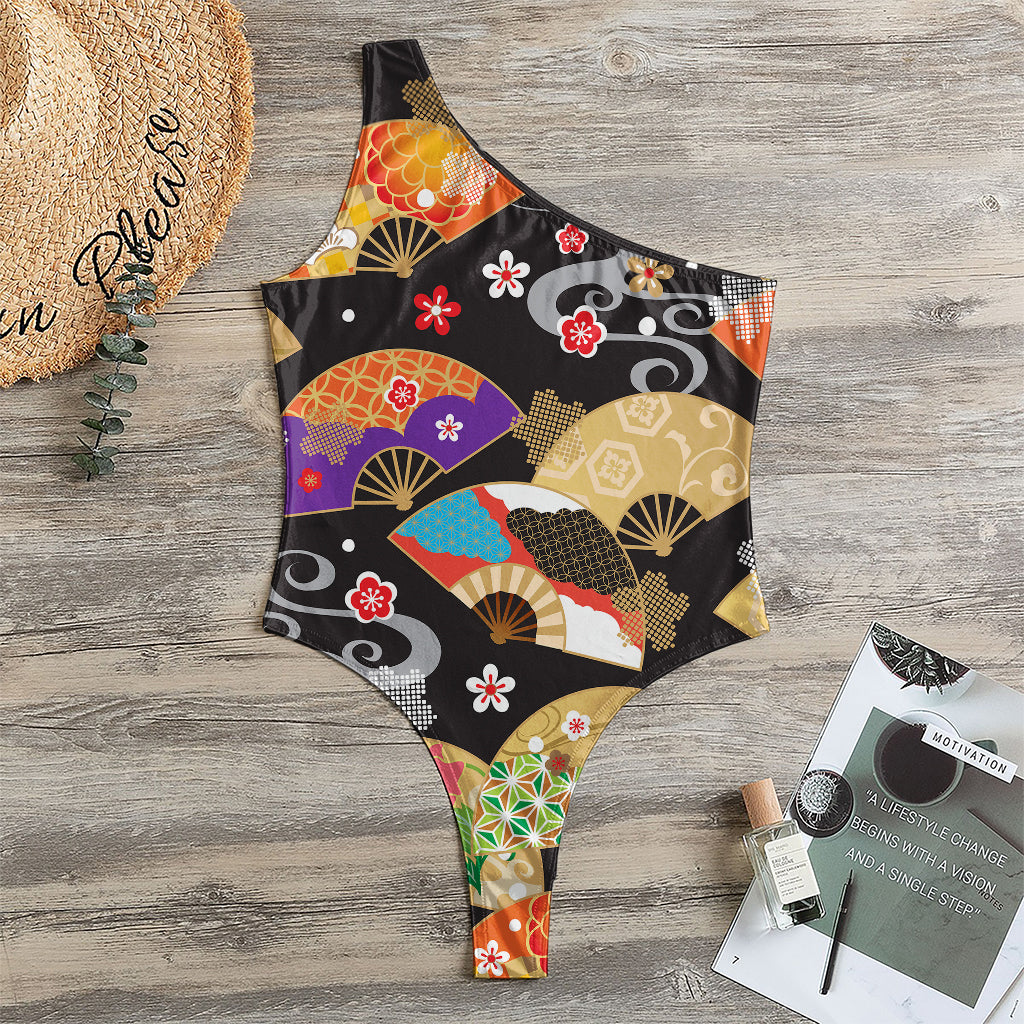 Japanese Hand Fan Pattern Print One Shoulder Bodysuit
