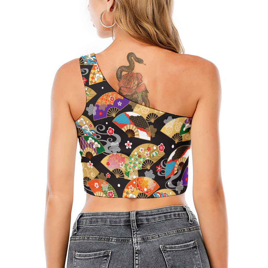 Japanese Hand Fan Pattern Print One Shoulder Crop Top