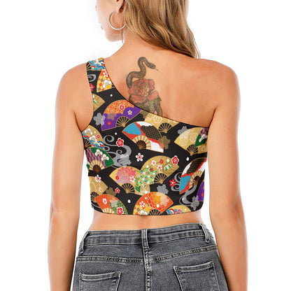 Japanese Hand Fan Pattern Print One Shoulder Crop Top
