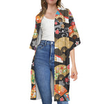 Japanese Hand Fan Pattern Print Open Front Beach Cover Up
