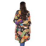Japanese Hand Fan Pattern Print Open Front Beach Cover Up