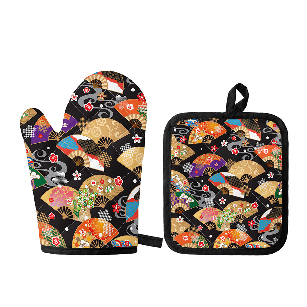 Japanese Hand Fan Pattern Print Oven Mitt And Pot Holder Set