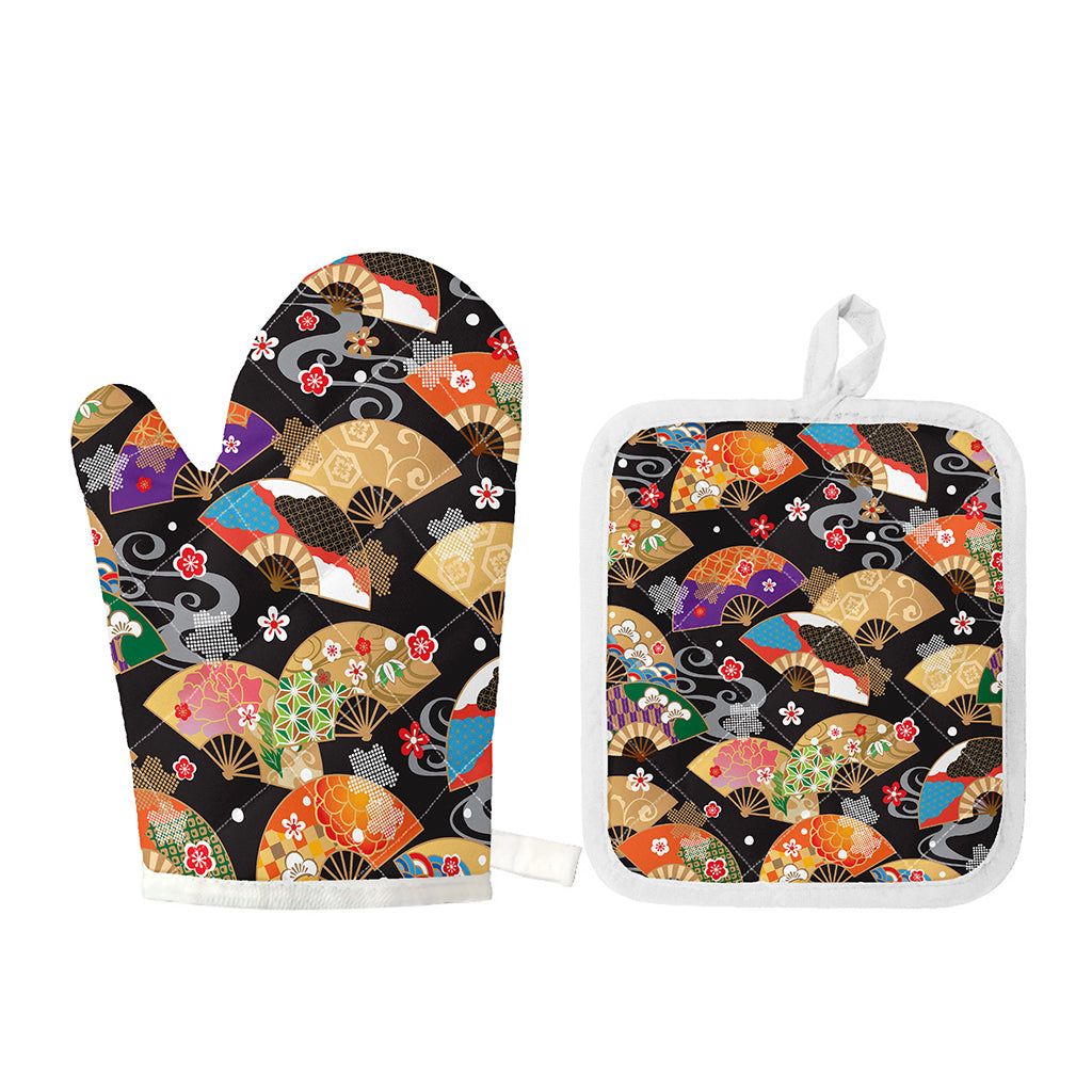 Japanese Hand Fan Pattern Print Oven Mitt And Pot Holder Set