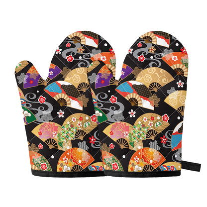 Japanese Hand Fan Pattern Print Oven Mitts