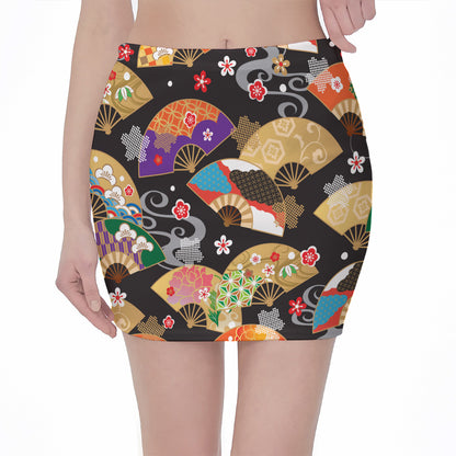 Japanese Hand Fan Pattern Print Pencil Mini Skirt