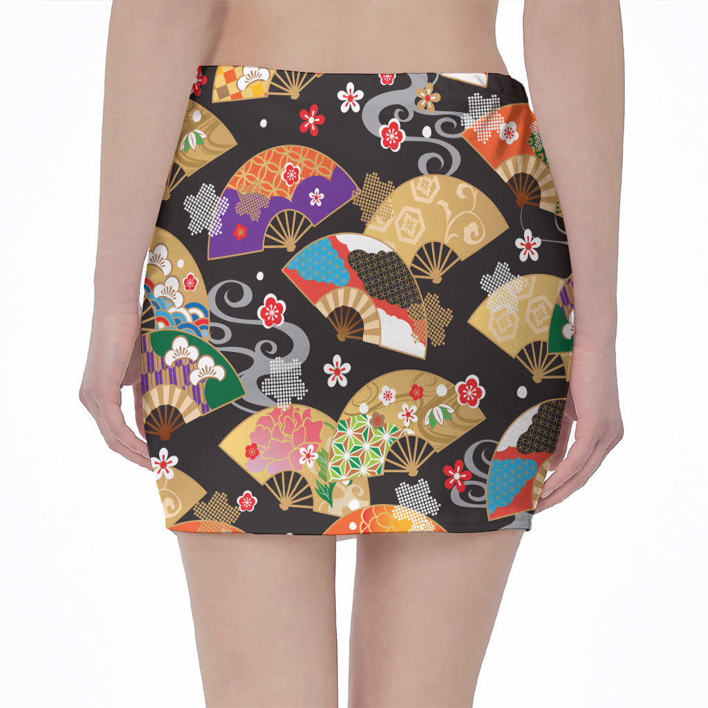 Japanese Hand Fan Pattern Print Pencil Mini Skirt