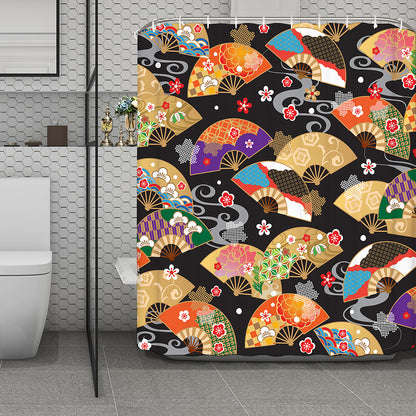 Japanese Hand Fan Pattern Print Polyester Shower Curtain