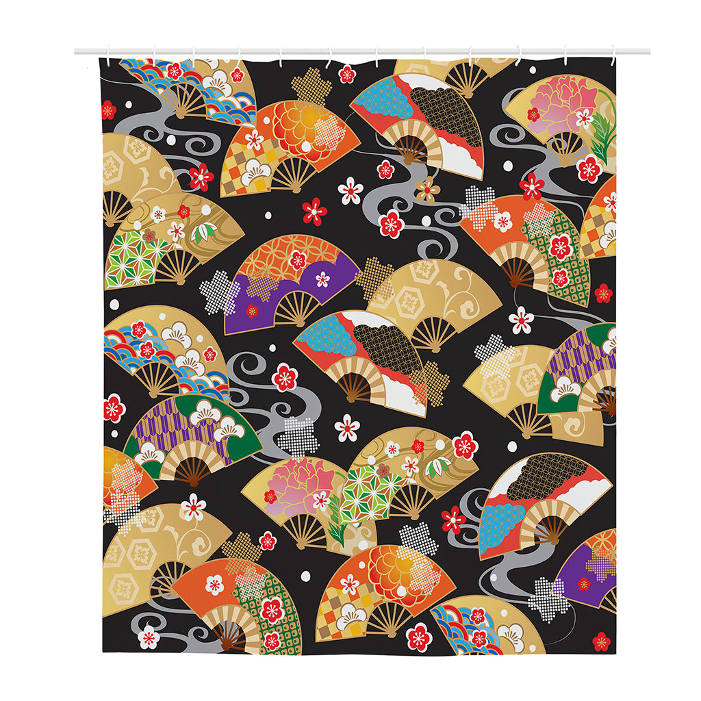Japanese Hand Fan Pattern Print Polyester Shower Curtain