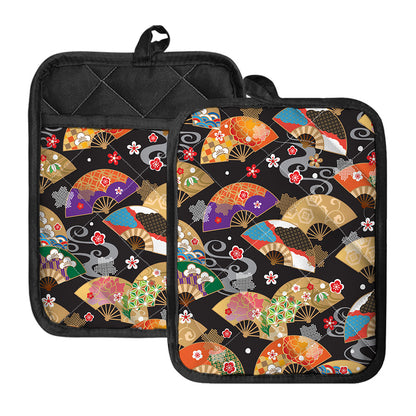 Japanese Hand Fan Pattern Print Pot Holders With Pocket