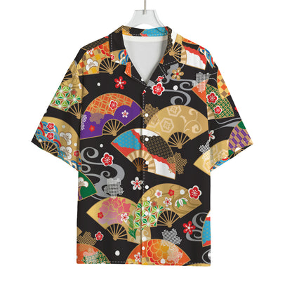 Japanese Hand Fan Pattern Print Rayon Hawaiian Shirt