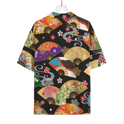 Japanese Hand Fan Pattern Print Rayon Hawaiian Shirt