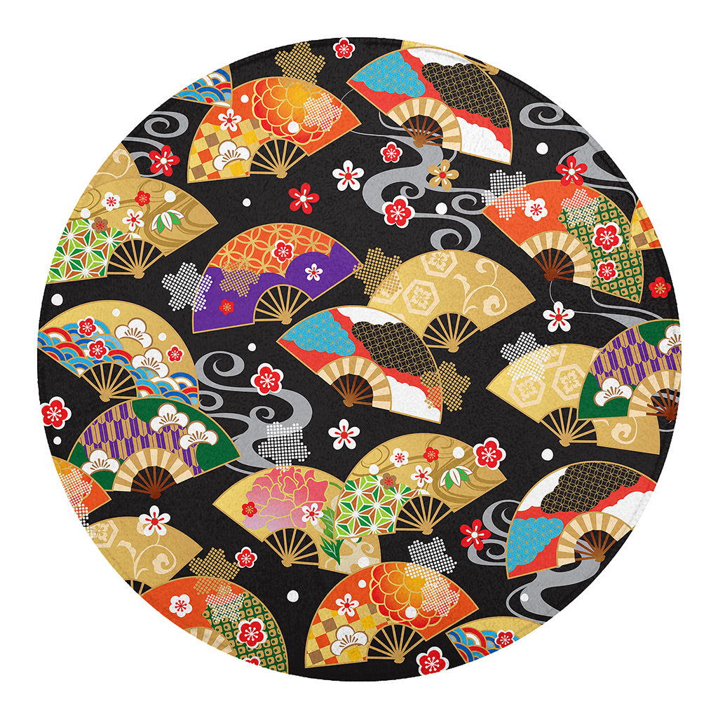 Japanese Hand Fan Pattern Print Round Blanket
