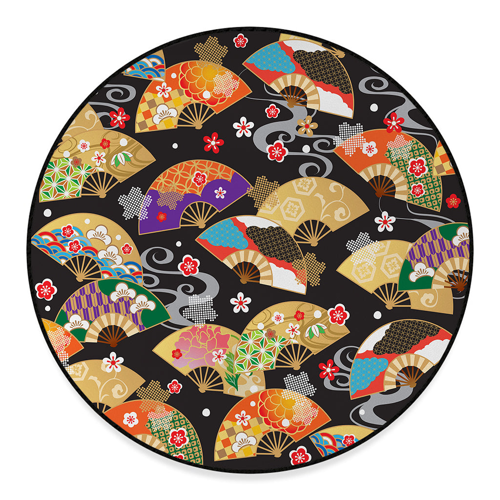Japanese Hand Fan Pattern Print Round Floor Mat