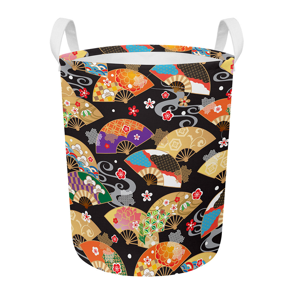 Japanese Hand Fan Pattern Print Round Laundry Basket