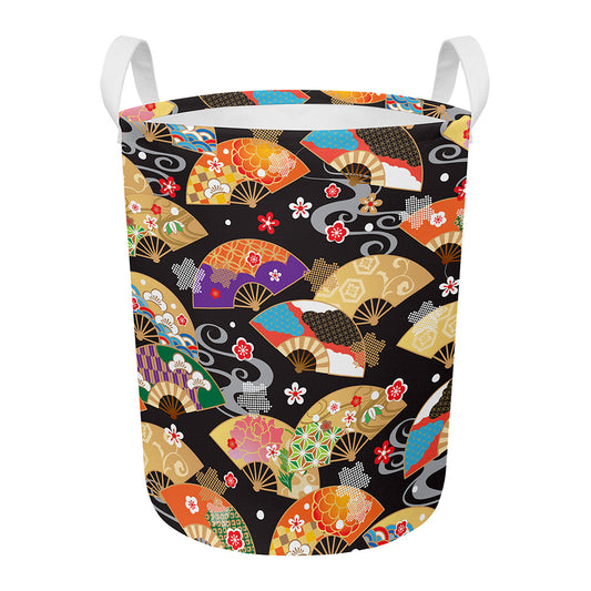 Japanese Hand Fan Pattern Print Round Laundry Basket
