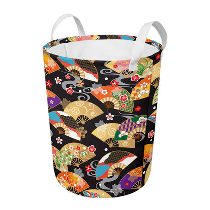 Japanese Hand Fan Pattern Print Round Laundry Basket