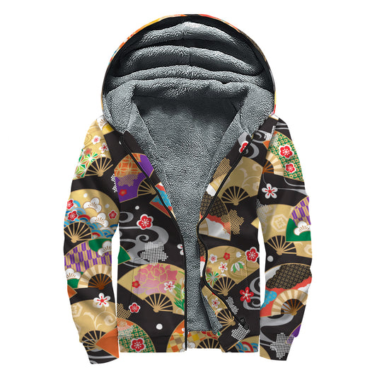 Japanese Hand Fan Pattern Print Sherpa Lined Zip Up Hoodie