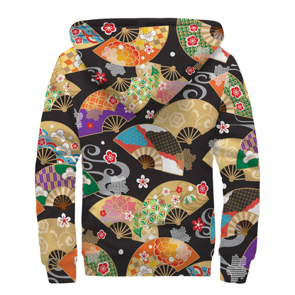 Japanese Hand Fan Pattern Print Sherpa Lined Zip Up Hoodie