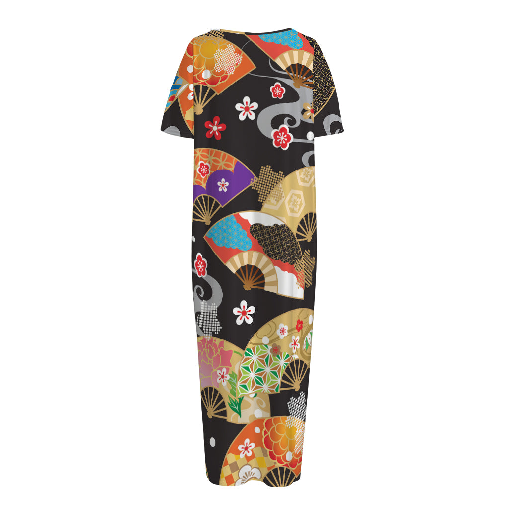 Japanese Hand Fan Pattern Print Short Sleeve Long Nightdress