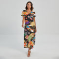 Japanese Hand Fan Pattern Print Short Sleeve Maxi Dress