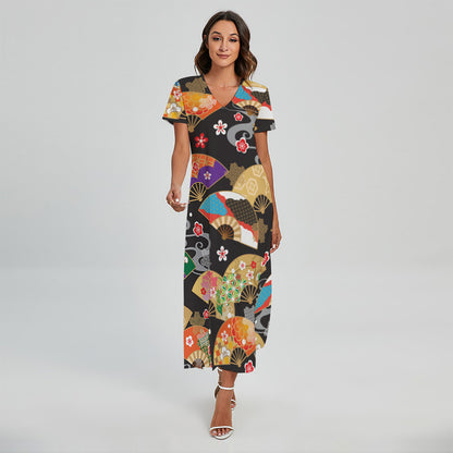 Japanese Hand Fan Pattern Print Short Sleeve Maxi Dress