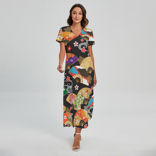Japanese Hand Fan Pattern Print Short Sleeve Maxi Dress