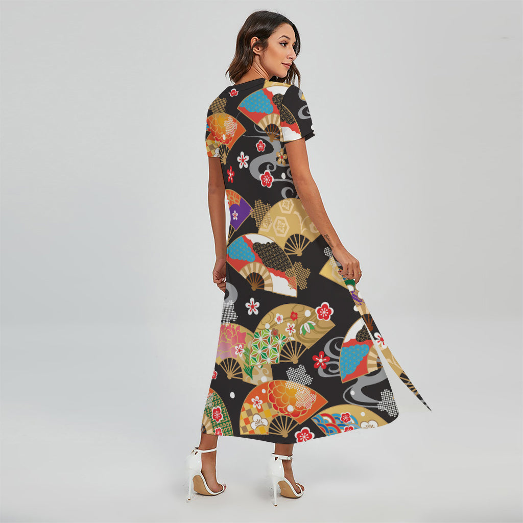 Japanese Hand Fan Pattern Print Short Sleeve Maxi Dress