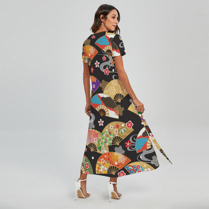 Japanese Hand Fan Pattern Print Short Sleeve Maxi Dress