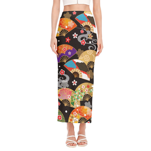 Japanese Hand Fan Pattern Print Side Slit Maxi Skirt