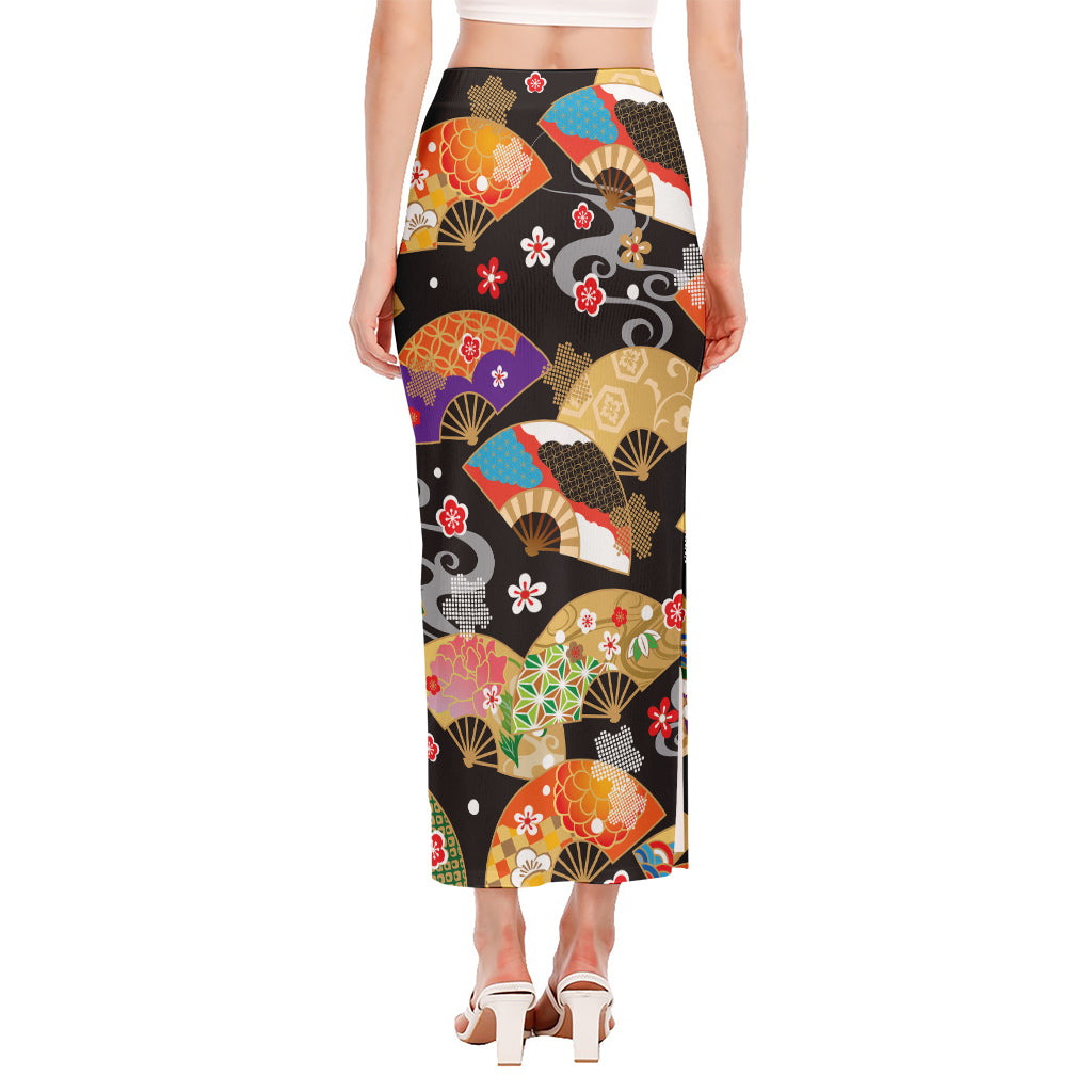 Japanese Hand Fan Pattern Print Side Slit Maxi Skirt