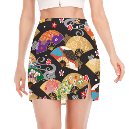 Japanese Hand Fan Pattern Print Side Slit Mini Skirt