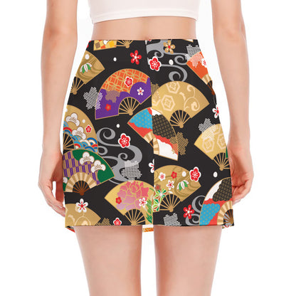 Japanese Hand Fan Pattern Print Side Slit Mini Skirt