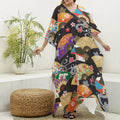 Japanese Hand Fan Pattern Print Silk V-Neck Kaftan Dress