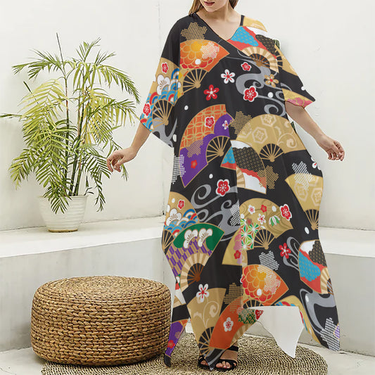 Japanese Hand Fan Pattern Print Silk V-Neck Kaftan Dress