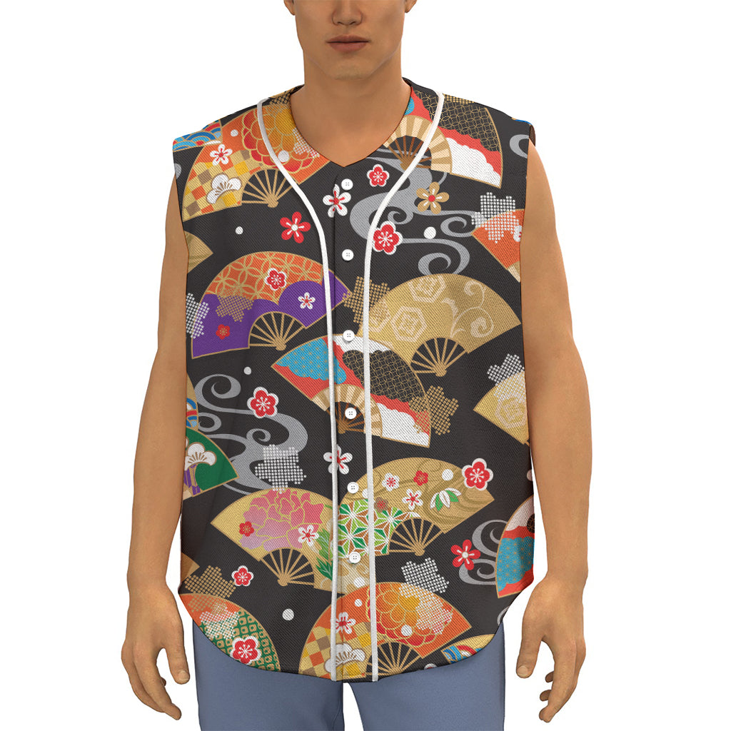 Japanese Hand Fan Pattern Print Sleeveless Baseball Jersey