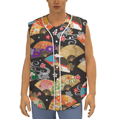 Japanese Hand Fan Pattern Print Sleeveless Baseball Jersey