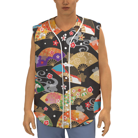 Japanese Hand Fan Pattern Print Sleeveless Baseball Jersey