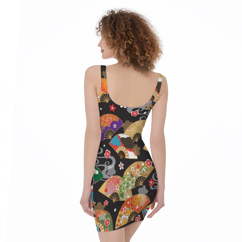 Japanese Hand Fan Pattern Print Sleeveless Bodycon Dress