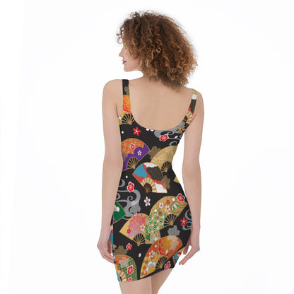 Japanese Hand Fan Pattern Print Sleeveless Bodycon Dress