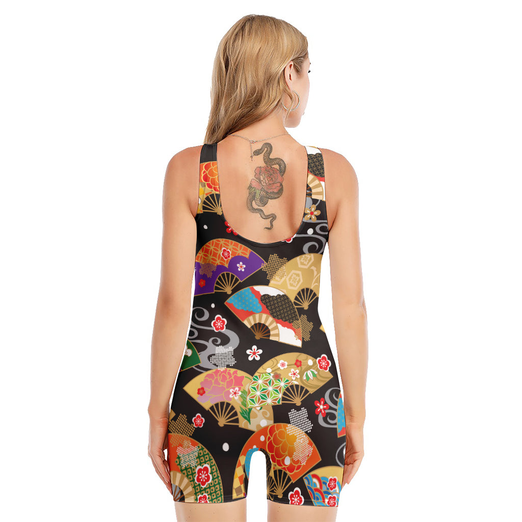 Japanese Hand Fan Pattern Print Sleeveless One Piece Swimsuit