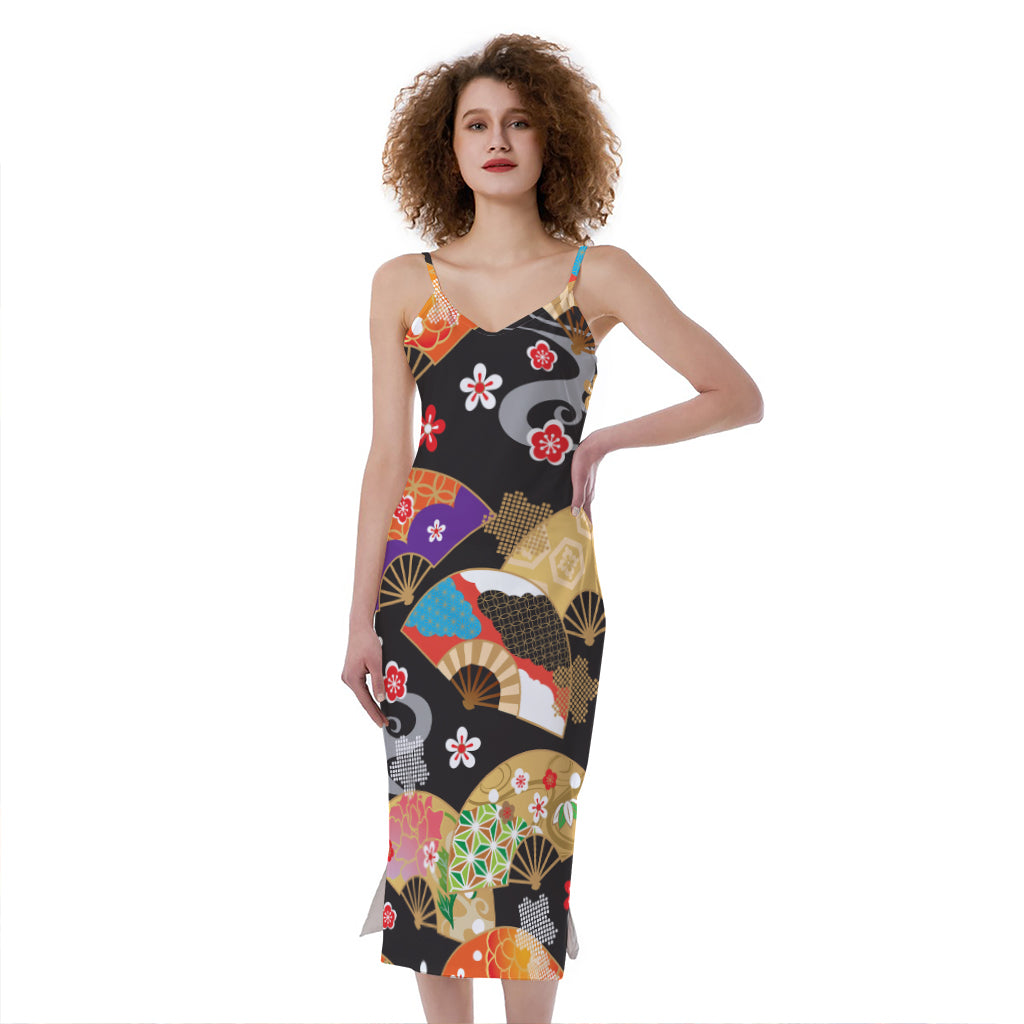 Japanese Hand Fan Pattern Print Slim Fit Midi Cami Dress