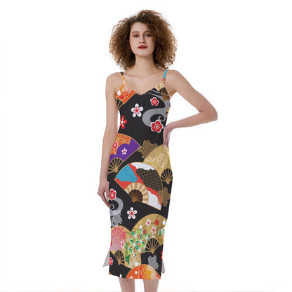 Japanese Hand Fan Pattern Print Slim Fit Midi Cami Dress