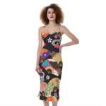 Japanese Hand Fan Pattern Print Slim Fit Midi Cami Dress