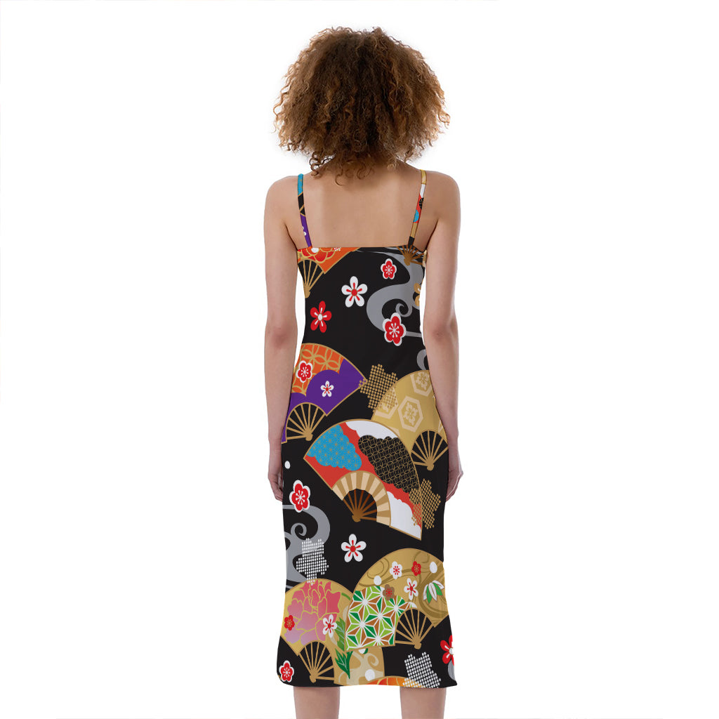 Japanese Hand Fan Pattern Print Slim Fit Midi Cami Dress