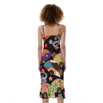 Japanese Hand Fan Pattern Print Slim Fit Midi Cami Dress